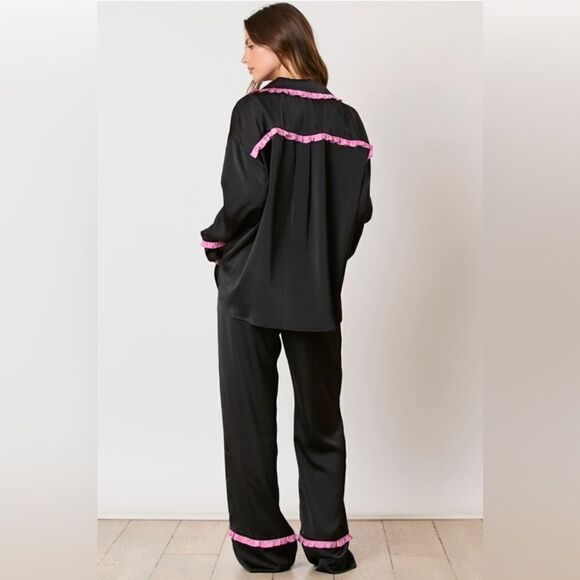 SATIN RUFFLE DETAIL PAJAMA SET - Picture 2 of 9